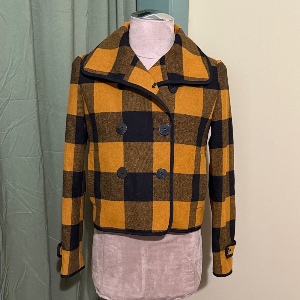 LOFT Black and Orange Checkered Pea Coat